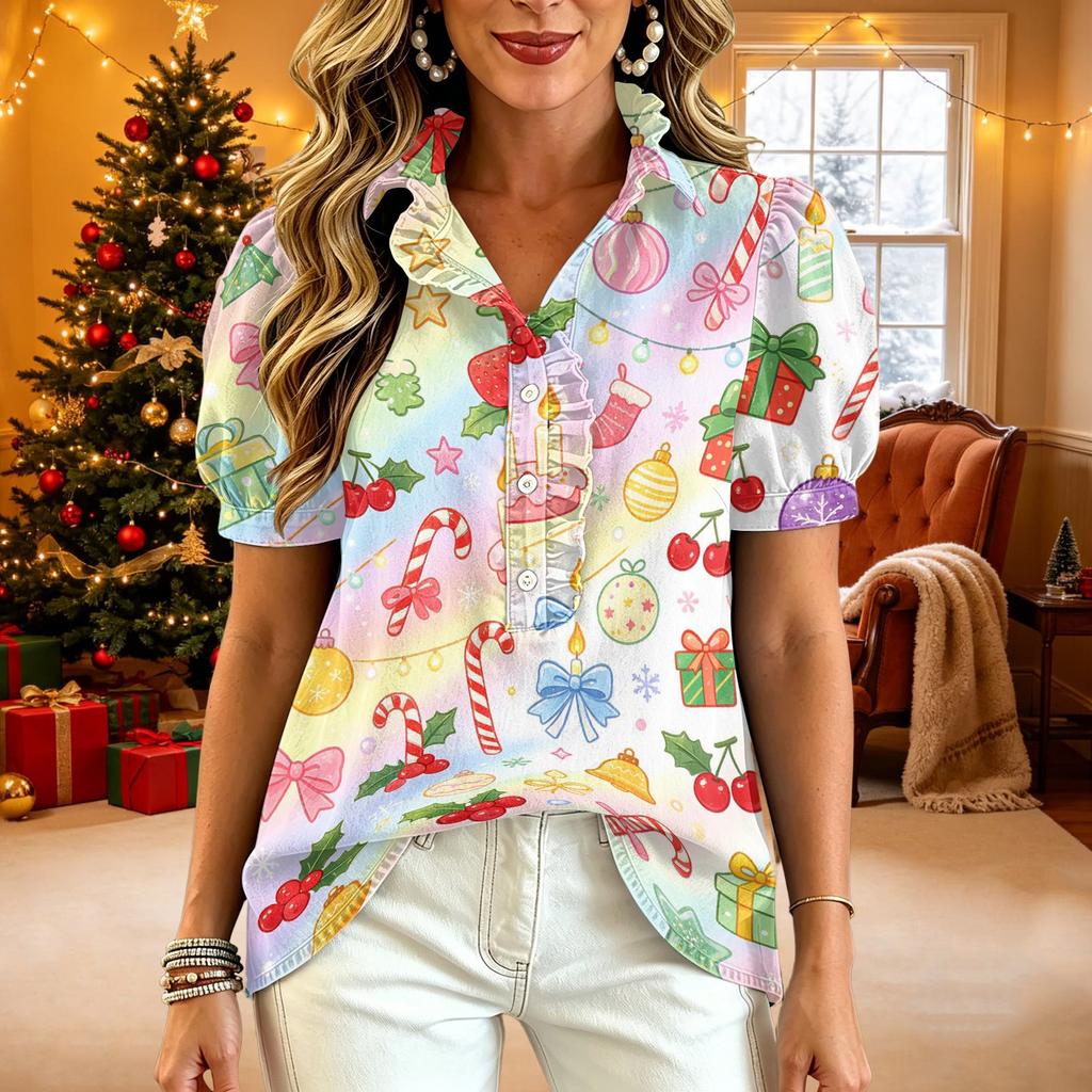 Women's Casual V-Neck Ruffle Short Sleeve Button-Front Top with Christmas Print