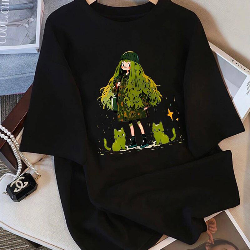 Cartoon Girl Pure Cotton Short-sleeved T-shirt for Women In Summer New Loose Large Size Bottom Missing Half-sleeved Top
