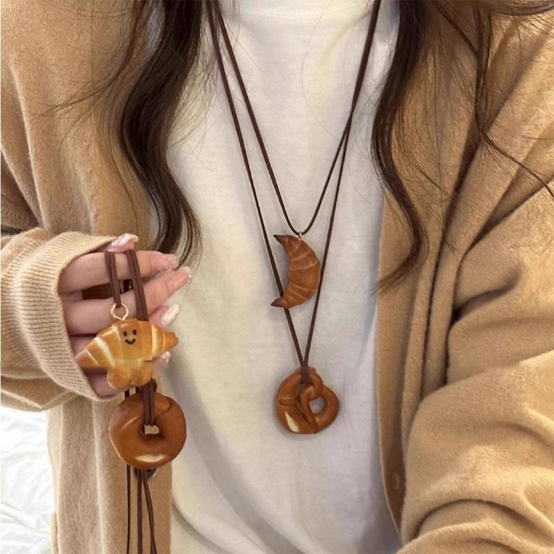 Multipurpose Artistics Bread Charm Necklace Featuring Wreath Bagel and Smiling Pretzel Miniatures Fashion Accessory