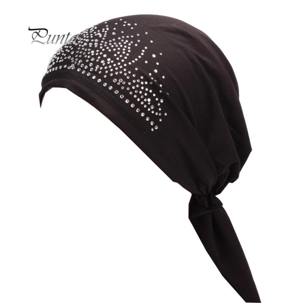 Cute Lady Rhinestone Muslim Turban Hat Chemo Cap Hair Loss Hijab Cap Cover