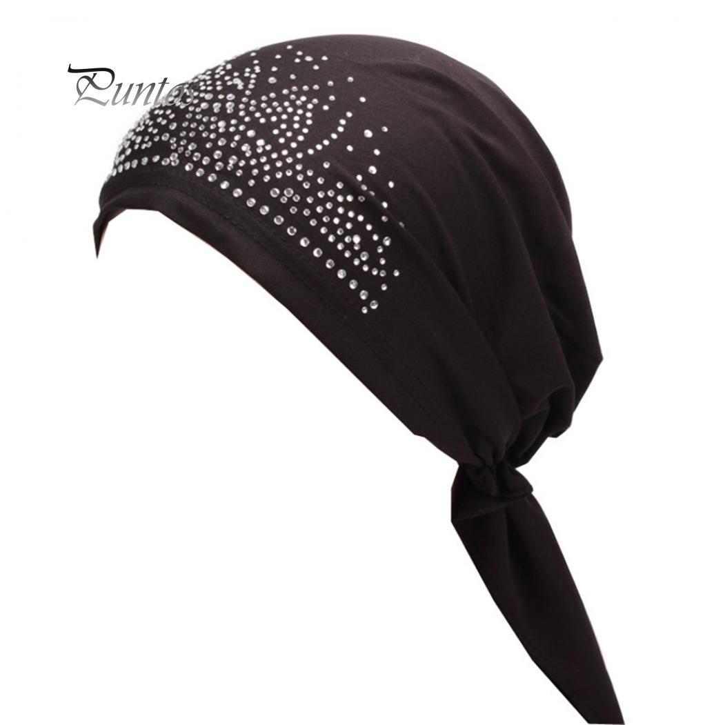 

Милая женская мусульманская тюрбанная шляпа со стразами, химиотерапевтическая шапка от выпадения волос, хиджаб, крышка Black