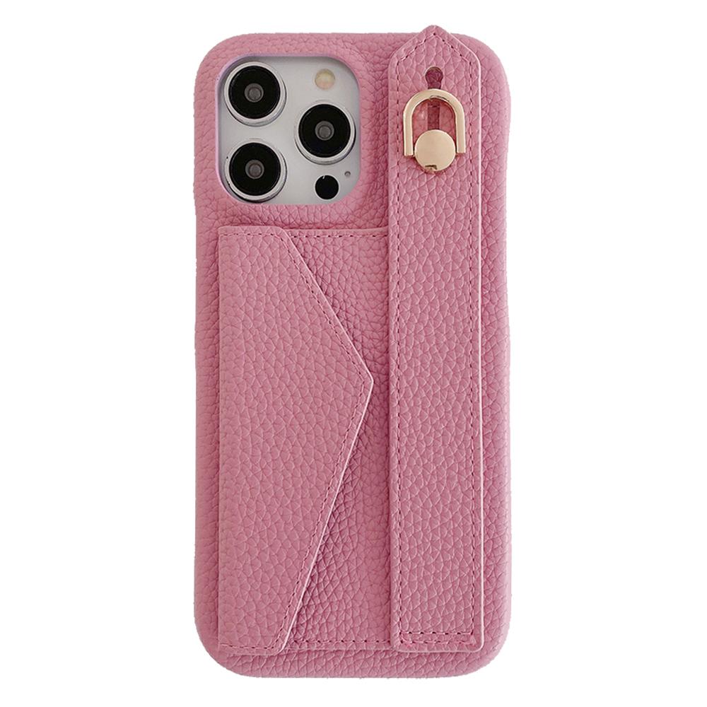 

For iPhone 14 Pro Max Case with Card Slot Wristband Kickstand PU Leather+PET Phone Cover Pink