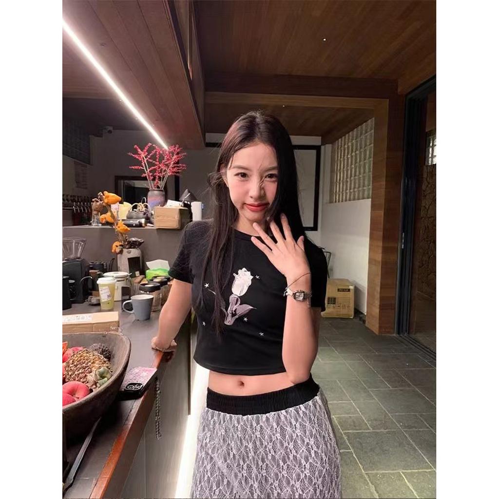 Homemade printed black short-sleeved T-shirt women's summer new sweet and spicy scheming waist women's top