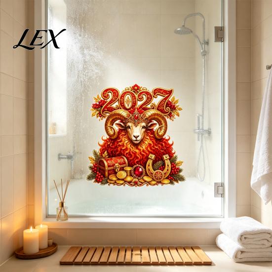 Chinese New Year Glass Stickers 2027 Window Cling, Red And Gold Zodiac Sheep Static Decals Lunar Clings for Doors, Non-adhesive Reusable Sticker Home