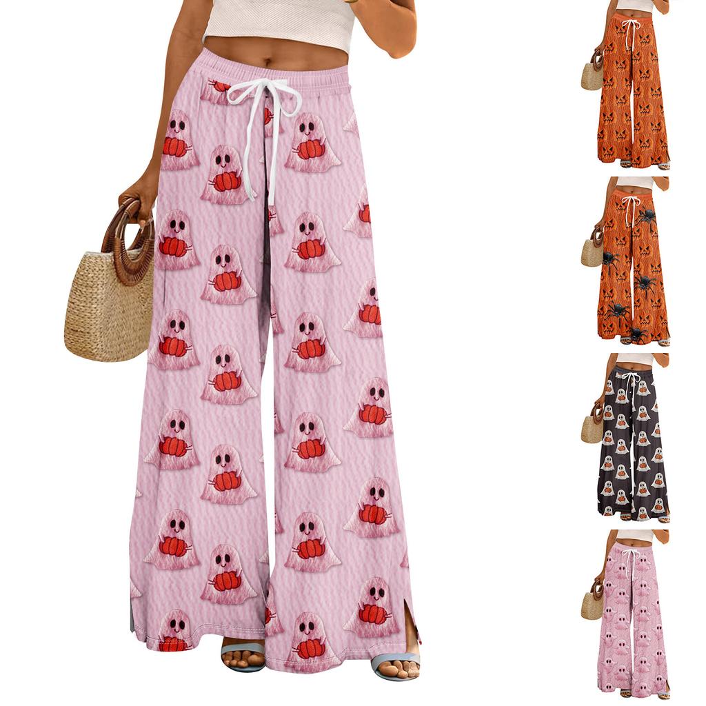 Women Summer Boho Palazzo Pants High Waist Wide Leg Halloween Printing Casual Trousers With Pockets