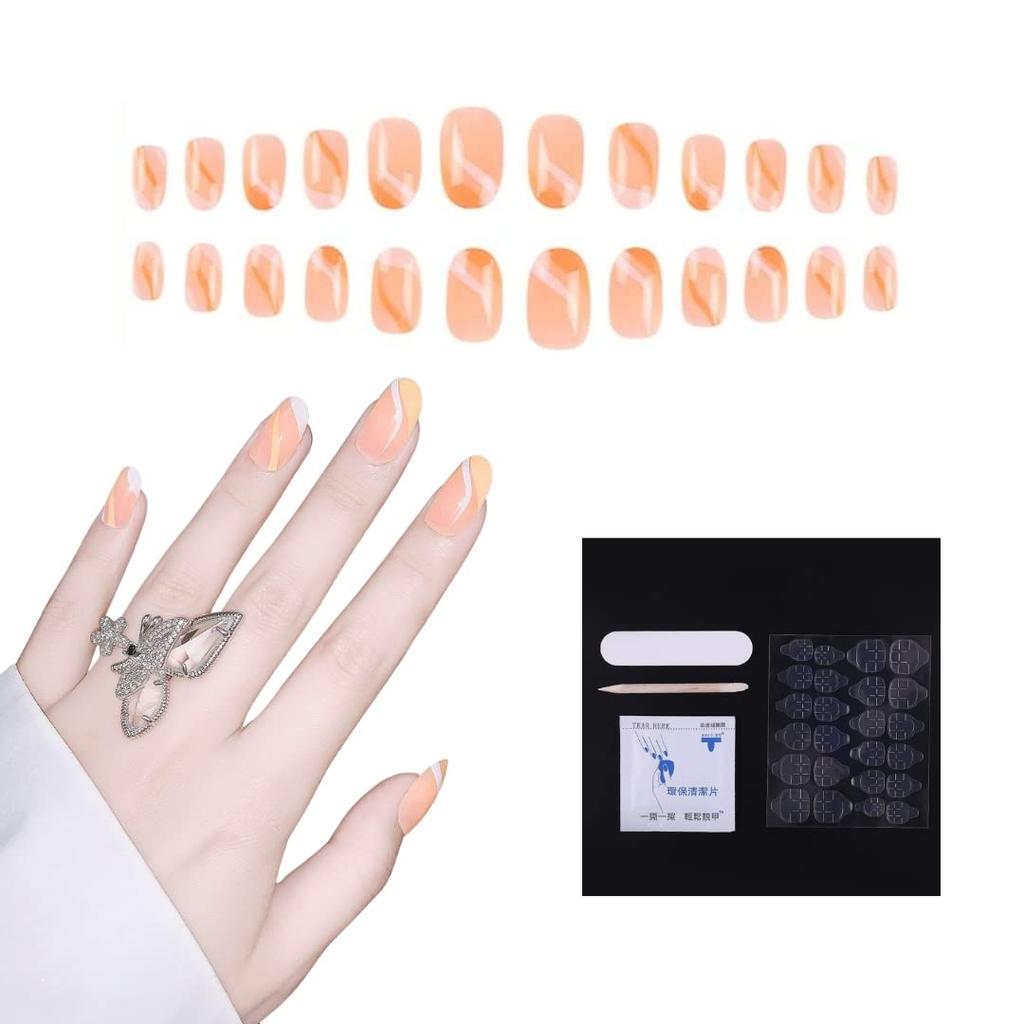 Coslifestore- Press on Nails- Pack of 24 designe nails with full application kit- jelly tabs, glue, buffer and manicure tool (PEACH SWIRLS)
