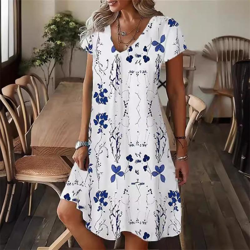 Zomerse Bloemen Damesjurk Mode Casual Boho Strand Zomerjurk Korte Mouw V-hals Sexy 3D Print Losse A-lijn Jurk Femme Vestidos