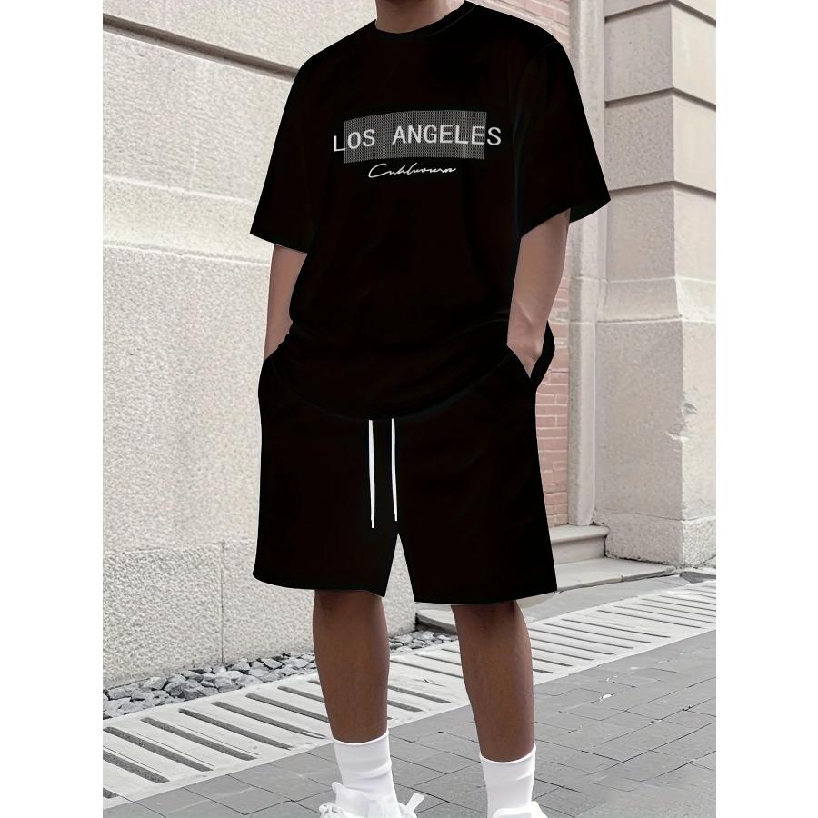 2026 New Men's Athletic Set Los Angeles Print Short-Sleeve T-Shirt Casual Athletic Set Streetwear Shorts Two-Piece Men's Set