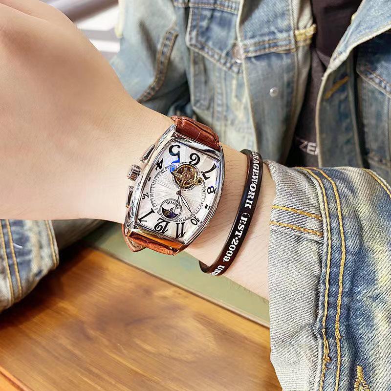 Men's Waterproof Barrel-Shaped Mechanical Leather Watch - Unique Design for Stylish Men
