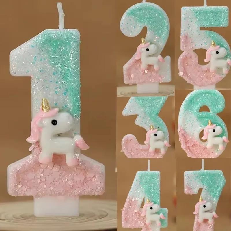 3D Number Birthday Candle Pink Glitter Unicorn Cake Decorating Party Anniversary Cake Decor for Cake Children's Birthday Candle