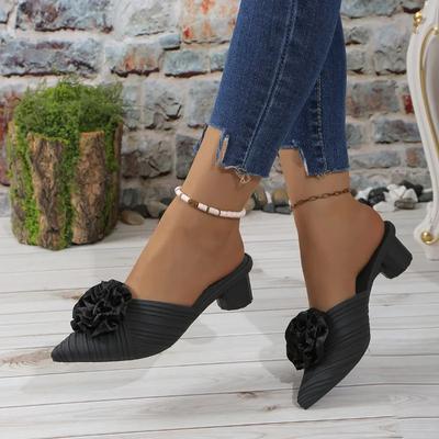 Letné dámske papuče Módne baotou jednofarebné vysoké podpätky, špicatá špička hranaté podpätky kvetinová výzdoba dámske topánky