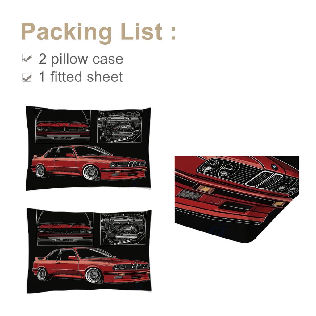 Red Car Pattern 3-Piece Bed Set For Resumption Of Work, With Two Pillowcases, Suitable For Living Room And Bedroom (Fun, Retro)