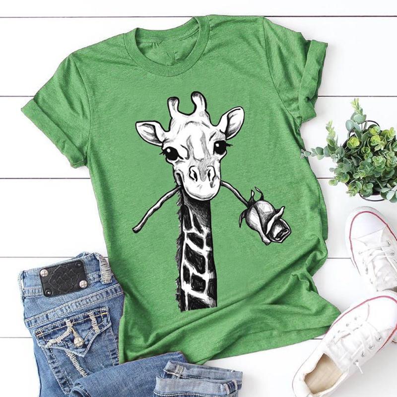 Summer Fashion Blouses Giraffe Print T Shirts Short Sleeve Tops Cotton Casual Tee