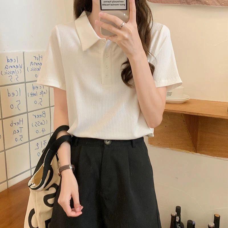 Camiseta Branca Feminina Gola Alta Manga Curta Malha Canelada Casual Solta