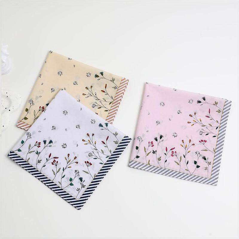 3Pcs Handkerchief Reusable Sweat Bandana Absorbs Water Women Hankies Thin Printing Flower Pure Cotton