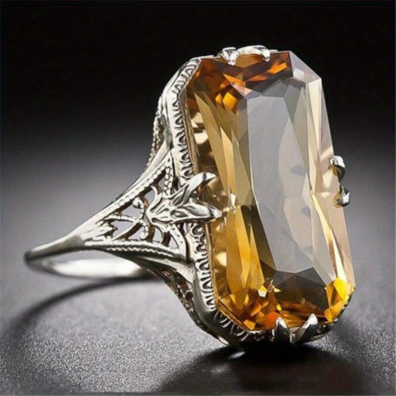 

1pc Elegant Copper Ring with Hollow Floral Design, Artificial Citrine Crystal, Fashionable Silvery-Tone Band for Women, Ideal for Party & Gift, Sizes 6 жёлтый