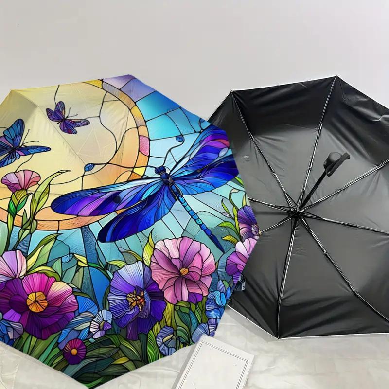 1PC Dragonfly Flowers Automatic Open/Close Umbrella with Windproof, 8-Rib Sturdy Canopy, Durable Ribs, Fashionable Design, Outdoor Accessory, Fun Prin