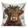 1Pc Christmas Highland Cow Pillow Cover: Festive Cow With Santa Hat & Holly Design, Perfect Gift For Xmas Home Decor