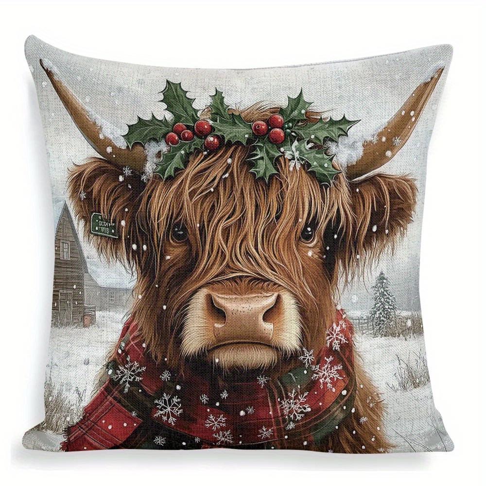 1Pc Christmas Highland Cow Pillow Cover: Festive Cow With Santa Hat & Holly Design, Perfect Gift For Xmas Home Decor