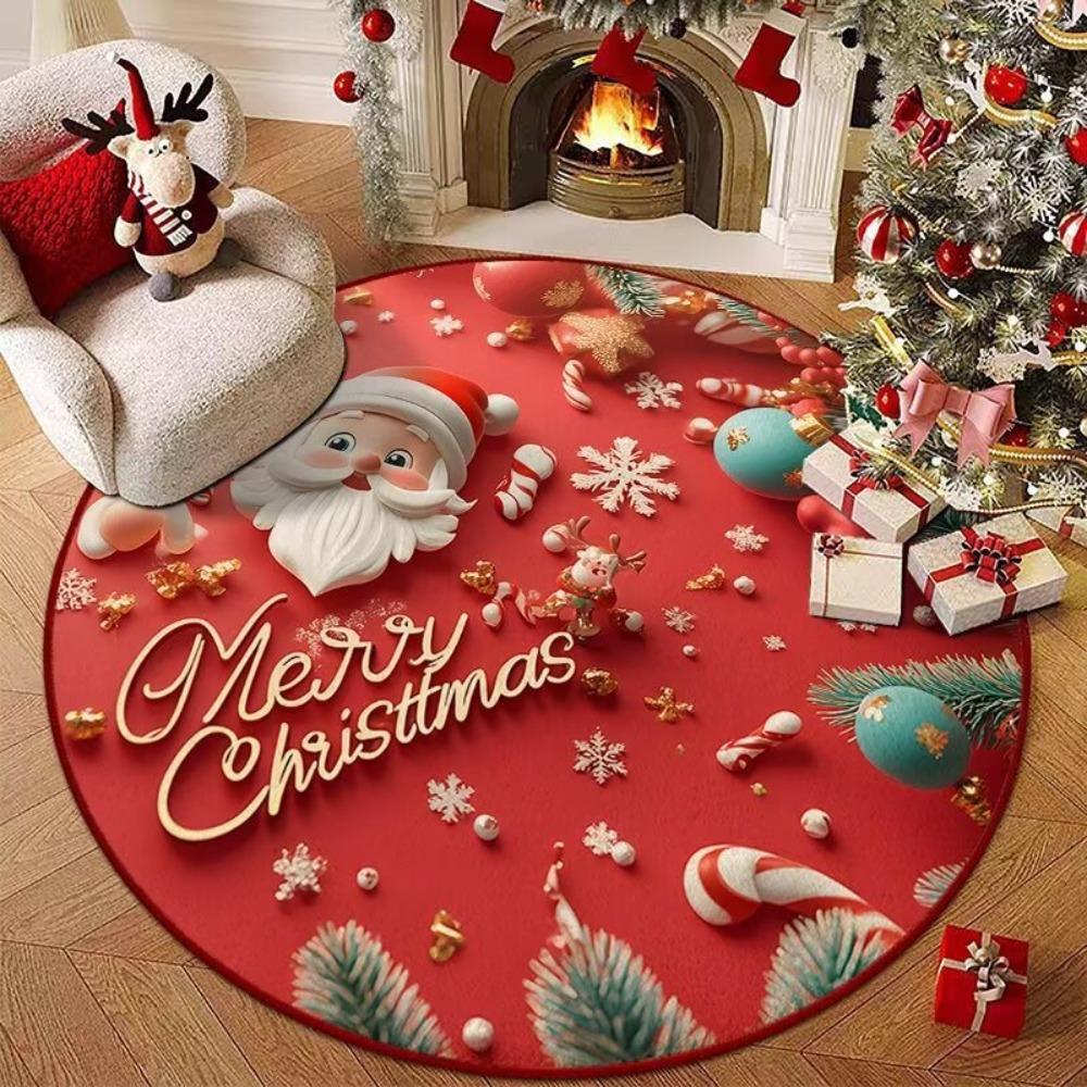 Santa Claus Polyester Christmas Round Mat Snowflake Print Snowman Cartoon Round Rug Anti-Slip Round Carpet Home Decor