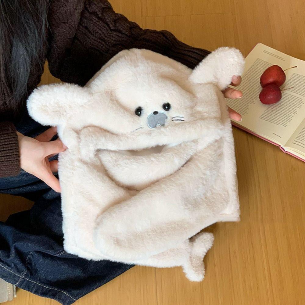 Cute Seal Plush Hooded Scarf 3 in 1 Ear Protection Hat Simple Earflap Hat Streetwear