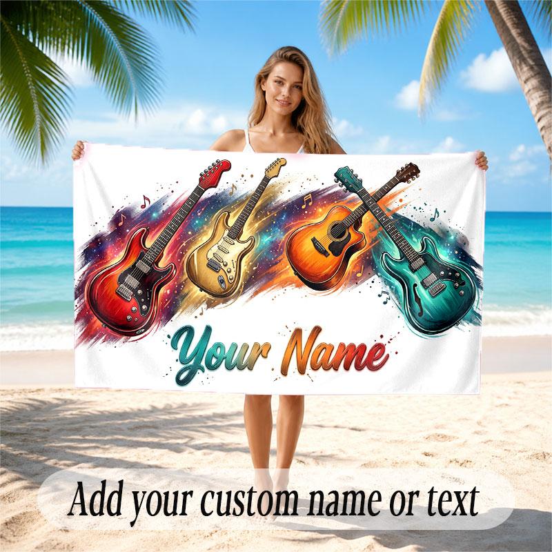Music Guitar Theme Beach Towel Personalized Custom Name & Text Soft Quick Dry Beach Towel for Swimming Travel