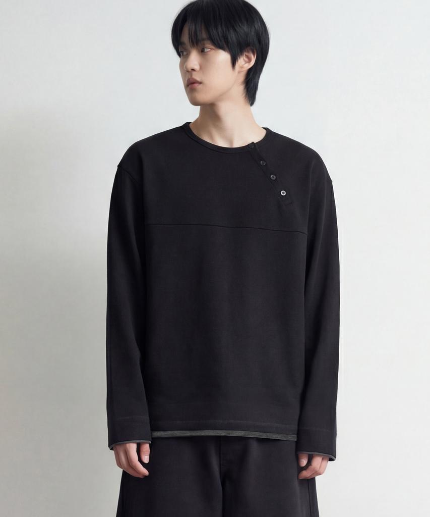 Awodeijeu Layered Stripe Henley Neck Long Sleeve [Black]