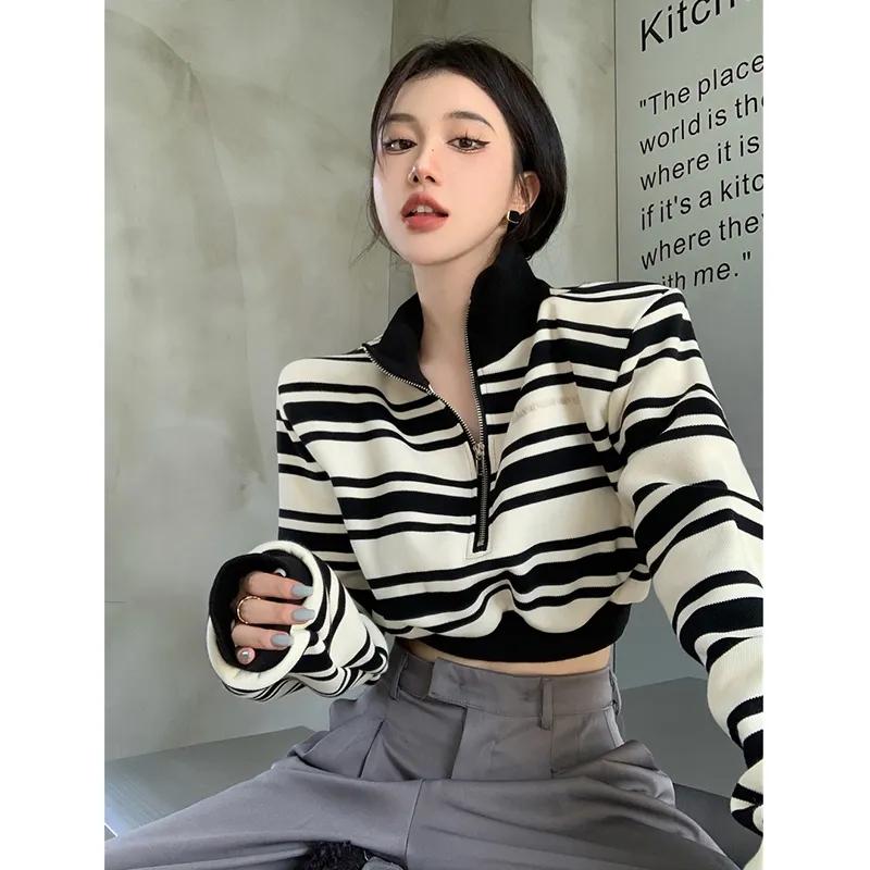 

Винтажные полосатые свободные топы с отложным воротником, женские весенне-осенние повседневные черные рубашки с длинными рукавами на молнии, уличная одежда XL чёрный