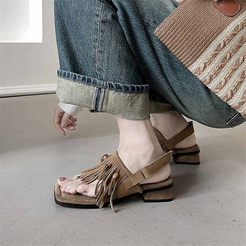 Fashion New Summer Sandals Cow Suede Women Shoes Square Toe Sandals for Women Fashion Flip-flops Tassels Sandals Handmade Chunky Heels