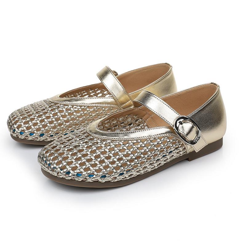Retro Simple Woven Hollow Fashion Single Shoes for Women In Summer New One-button Four-season Flat Hole Single Shoes