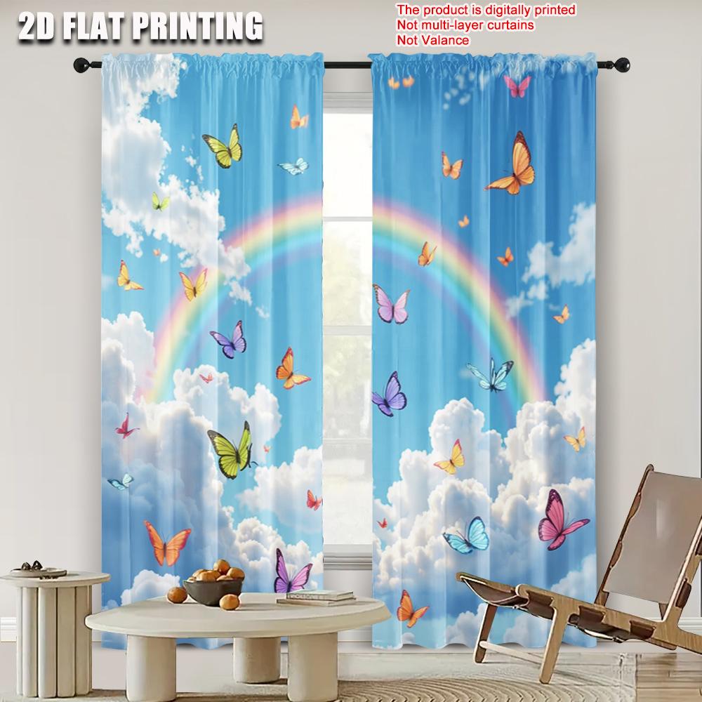 2pcs   2D flat printing Party Window Curtains many butterflies Versatile Polyester Fabric  Without Electricity Party Decorations
