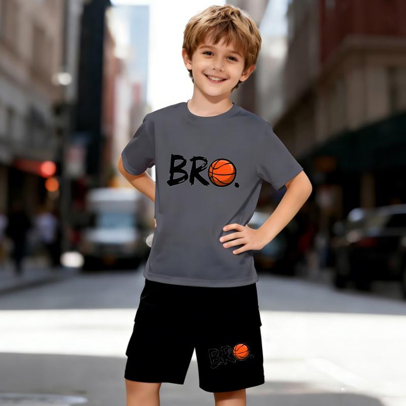 Boys 2 Piece Basketball printed Outfit, Short Sleeve T-Shirt and Shorts Set for Kids Age 5-14, Black and White Sporty Casual Summer Clothes