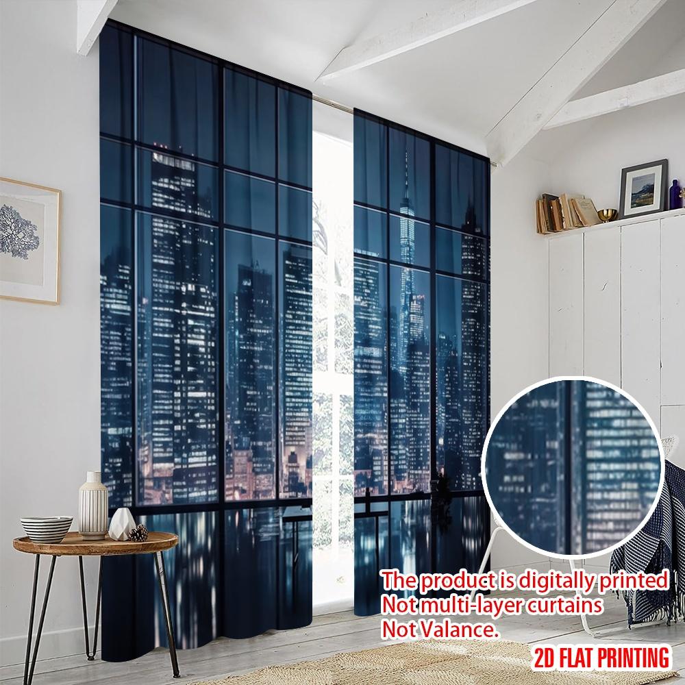 2pcs,2D Plane Printing Curtains Digital Printed Urban Window View Polyester Easy Install (without Rod) Decorations For Home for