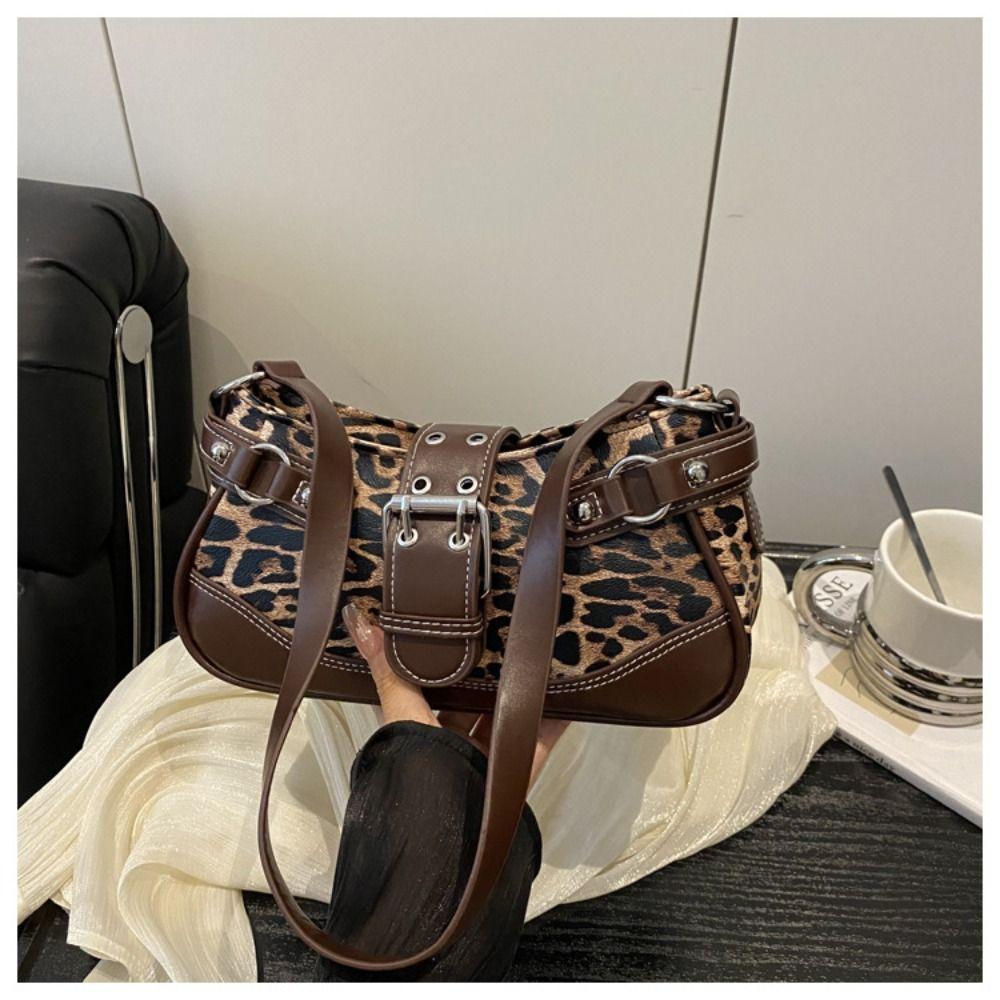 Stylish PU Shoulder Bags Leopard Print Retro Underarm Bag Large Capacity Handheld Bag Shopping