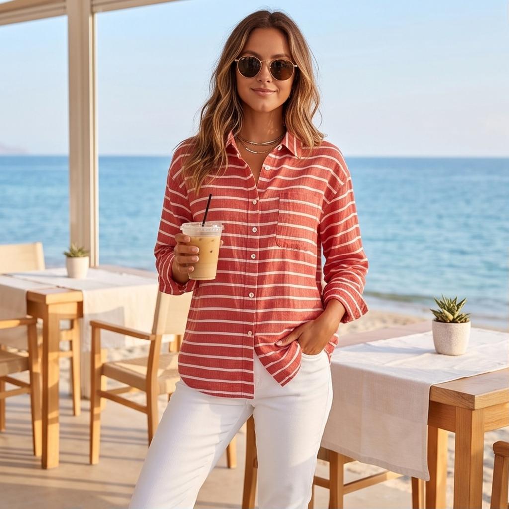 Camicetta da donna casual a righe con colletto e maniche lunghe, top per l'uso quotidiano