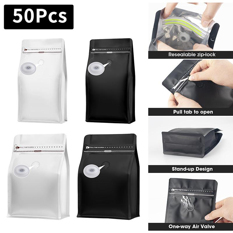 50Pcs Coffee Stand Up Pouch With Valve &Ziplock Pulltab Ground Coffee Beans Nutdried Tea Leaf Mga Pouches Ng Kap