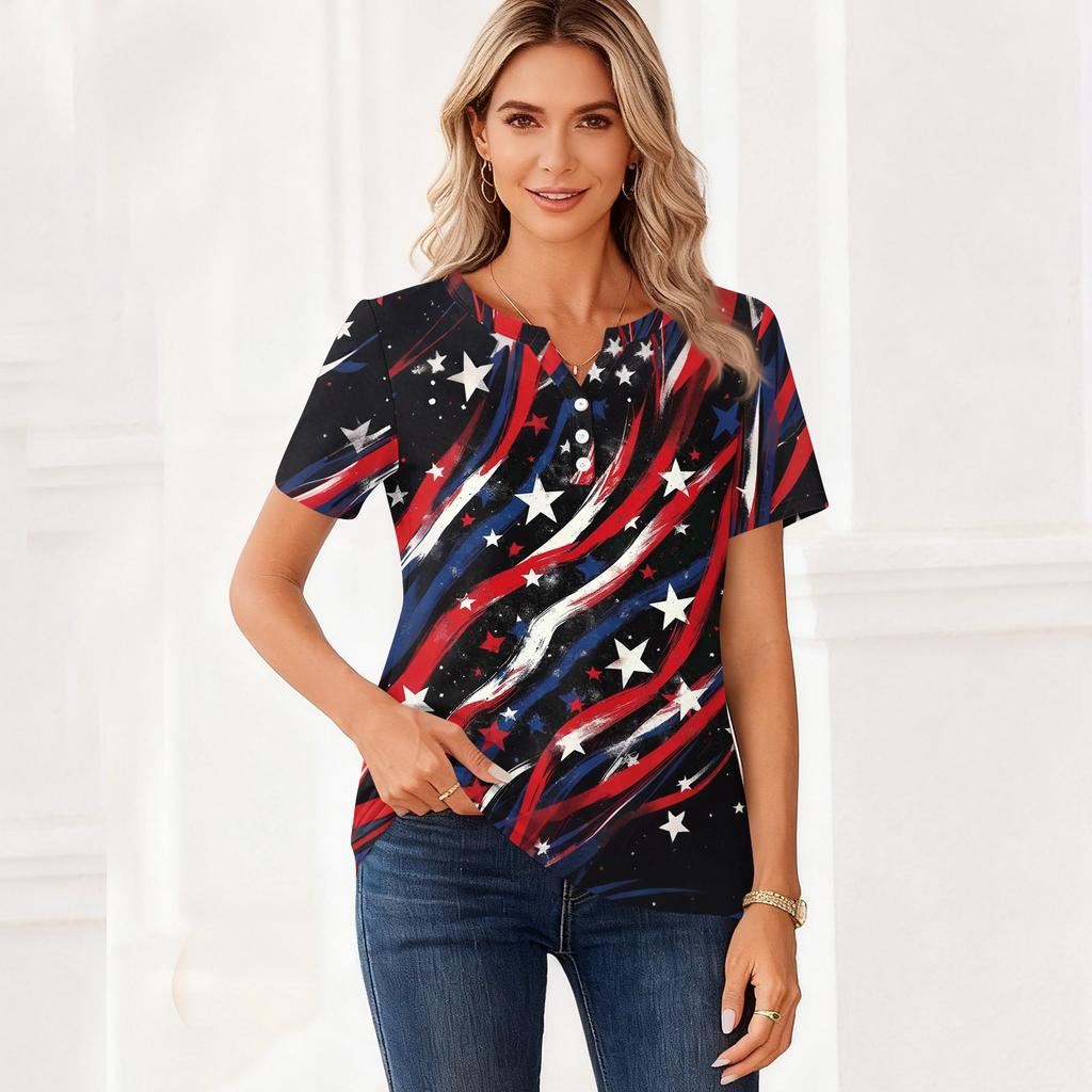 Damska koszulka z nadrukiem na Dzień Niepodległości, z krótkim rękawem, z guzikami, na co dzień, na weekend, w modnym, prostym kroju, z dekoltem w serek, regularna