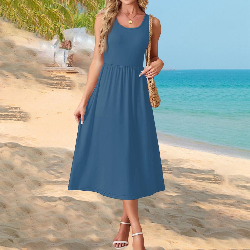 Sleeveless Crew Neck Maxi Dress with Pockets for Women Casual Loose Fit Solid A Line Long Sundress
