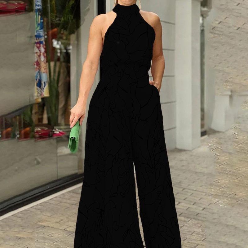 European American Style Round Neck Sexy Printed High Waist Flared Jumpsuit For Women