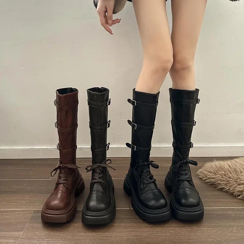 Fashion Fairy Wind Thick Heel Belt Buckle Thin Boots Female 2025 Autumn New Thick-soled Maillard Knee Boots