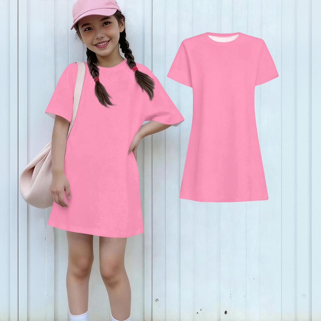 Girls Casual Sundress Kids Loose Round Neck Short Sleeve Lightweight Dress