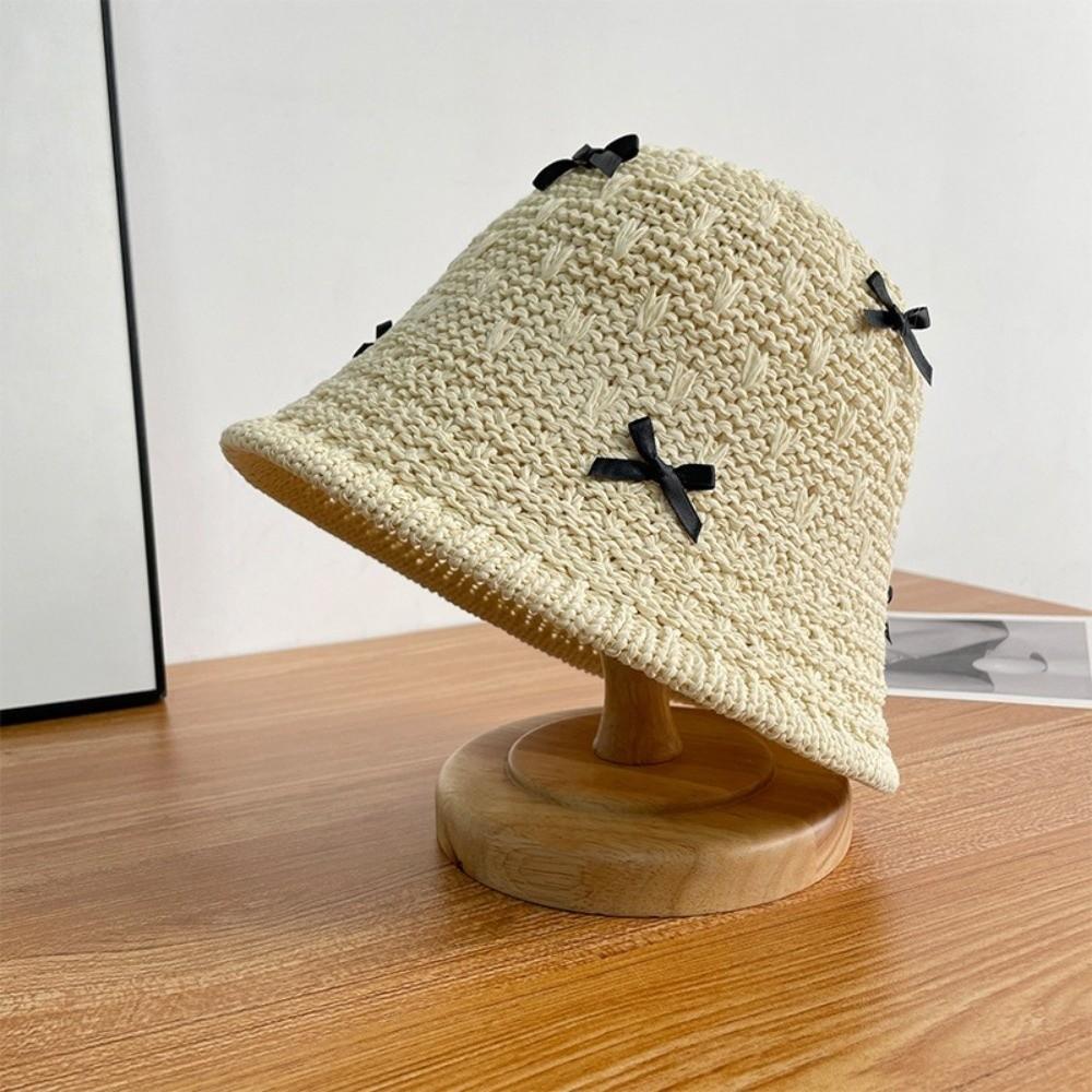 Solid Color Summer Sun Hat Weave Bow Bucket Hat Casual Sunscreen Visor Cap Hiking