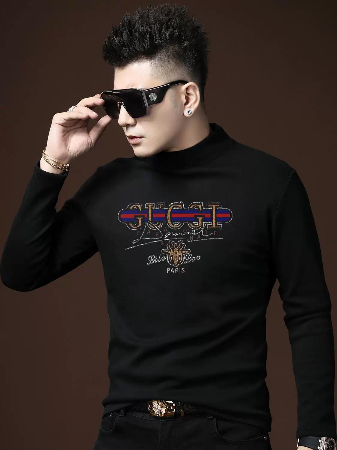

European Style Half-Turtleneck Base Shirt for Men, Winter Warm Top, Trendy Brand Letter Print, Rhinestone Long-Sleeve Fleece Sweatshirt for Men 3XL