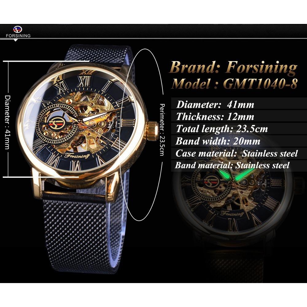 Forsining Watch Men's Fashion Casual Roman Digital Mesh with Hollow Automatic Mechanical Watch GMT1040-8-A