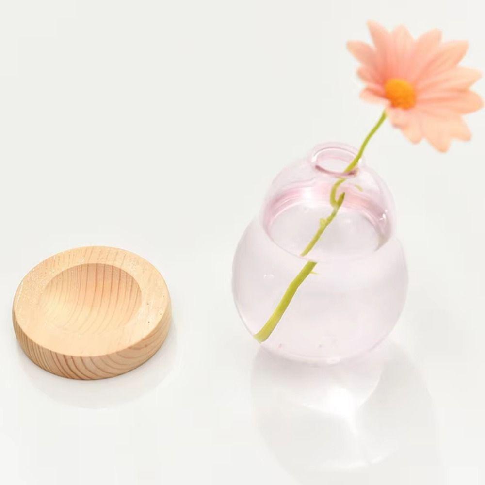 Transparent/Pink Creative Bubble Glass Vase With Wood Base Desktop Decorating Flowerpot  Home