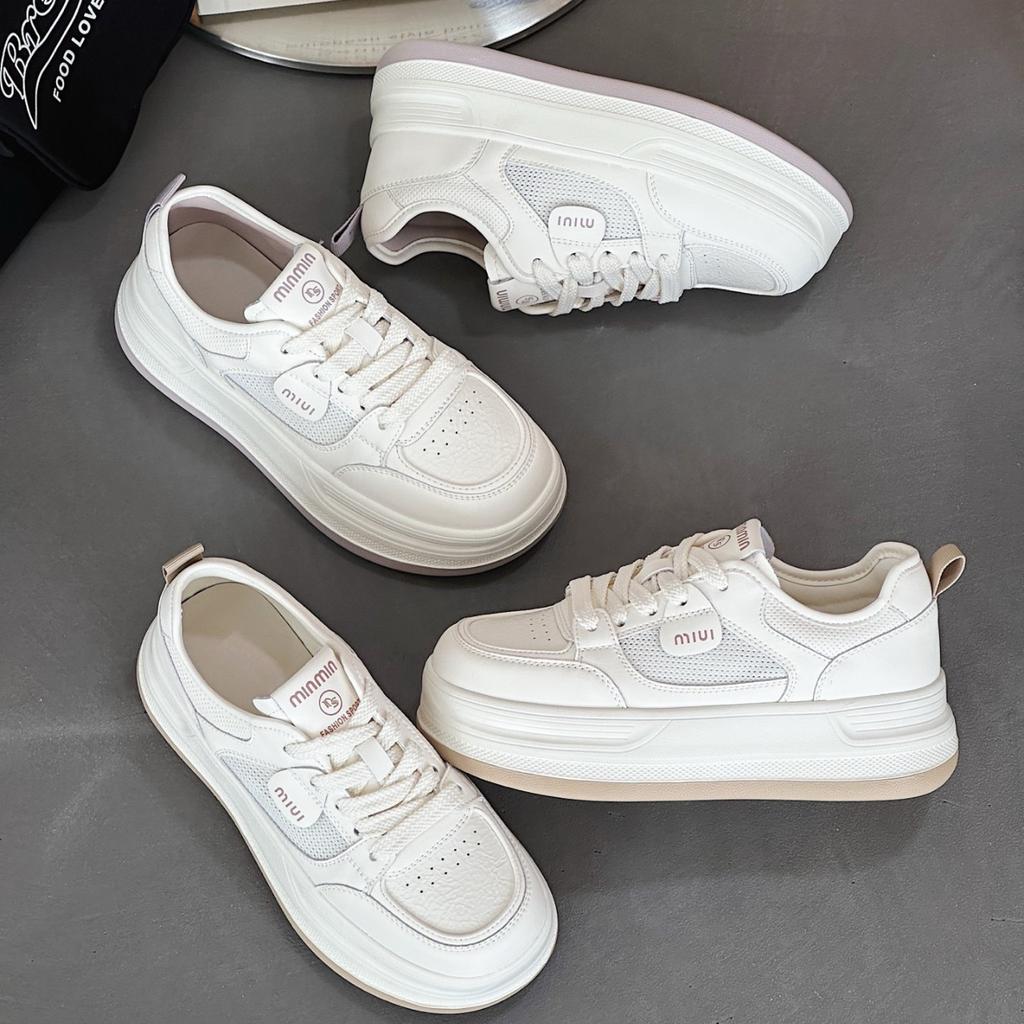 Leather Mesh White Shoes Women's Shoes 2025 Spring and Summer New Breathable Versatile Thick-soled Thin Casual Sports Sneakers