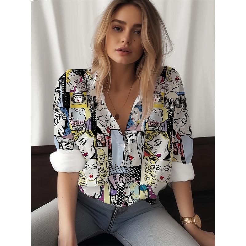 Spring and Autumn 3D Digital Print Women's Fashionable Collared Long Sleeve Casual Shirt