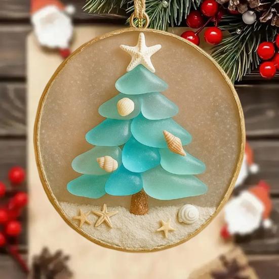 Hav-inspirert julepynt Sjøglass Skjell Resin Tre med Sjøstjerne Topp Kystnær Jul Hengende Dekorasjon til Tre Bil Speil Dekor