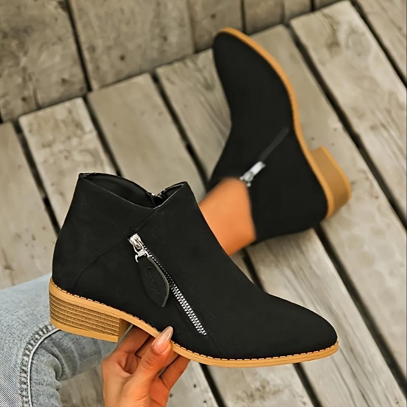 Ladies' Retro Solid Color Ankle Boots -1.57-inch Thick Heel Ankle Boots - Comfortable All Season Thick Bottom Side Zipper Pointed Boots