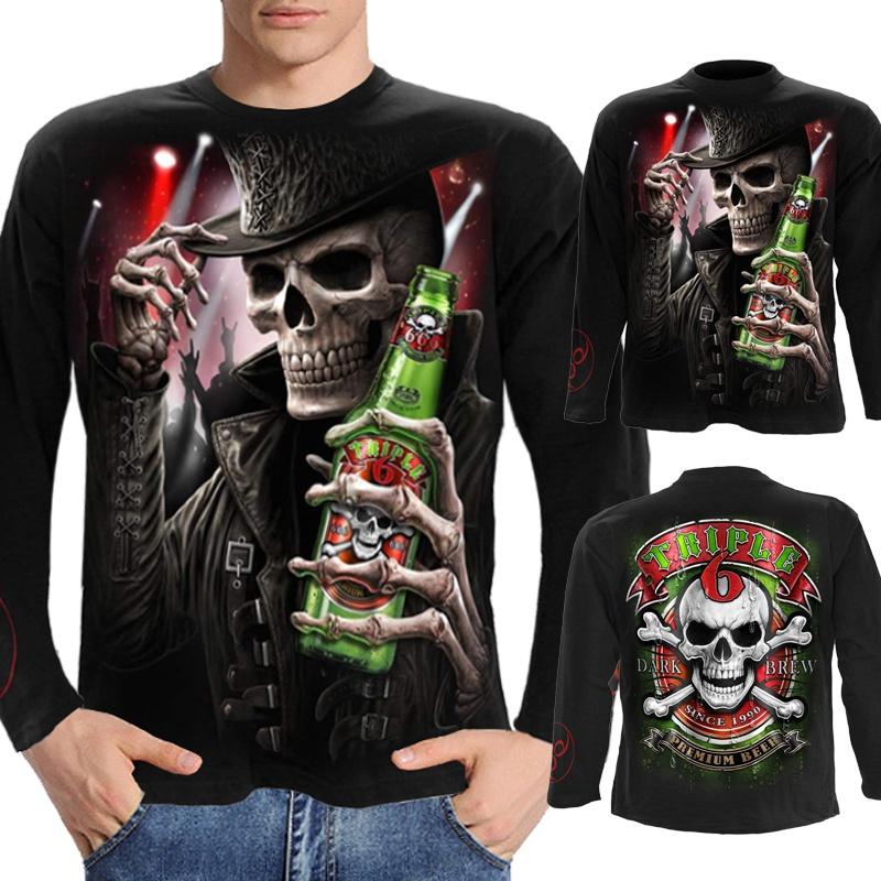 Herren Langarm T-Shirt Gothic Totenkopf Drache Wikinger 3D Druck Halloween Tägliche Party Oberteile